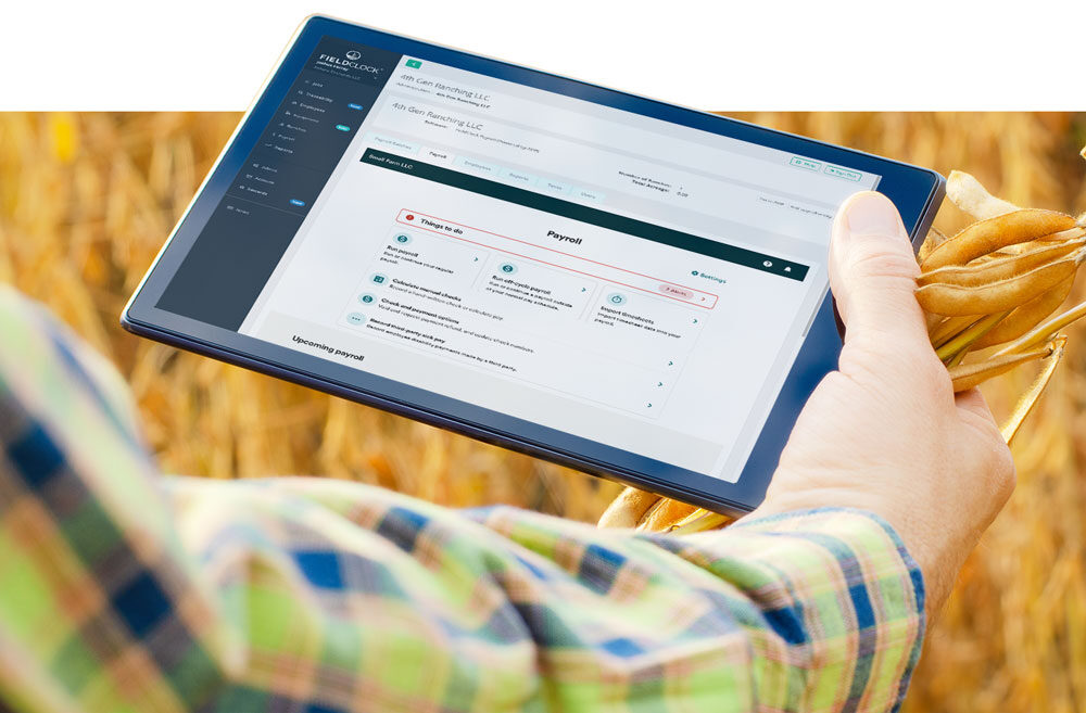 FieldClock Payroll Powered by ADP® Farmer looking at tablet